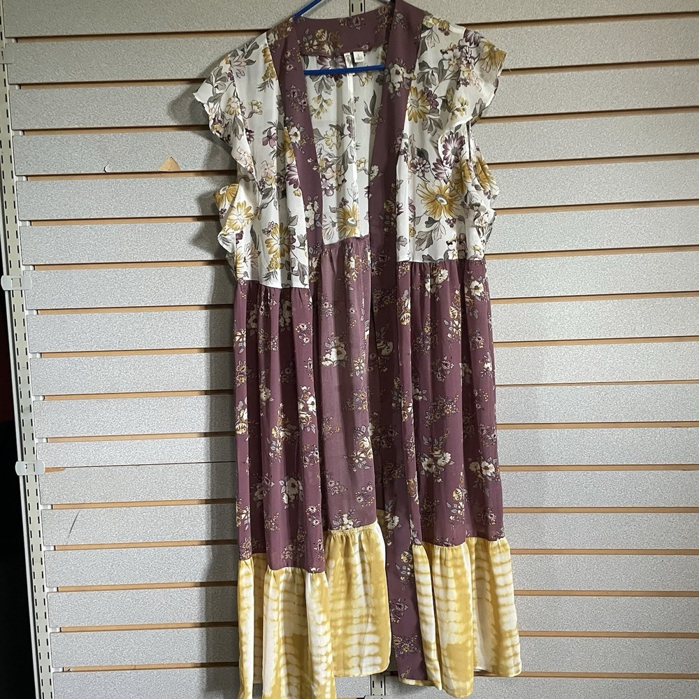 Cato Purple Yellow Floral L Kimono Open Front Ruffle Sleeves - Picture 1 of 9